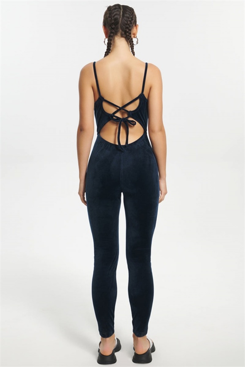 Regal Blue Juicy Couture Strappy Script Velour Jumpsuit | JC-SN651780