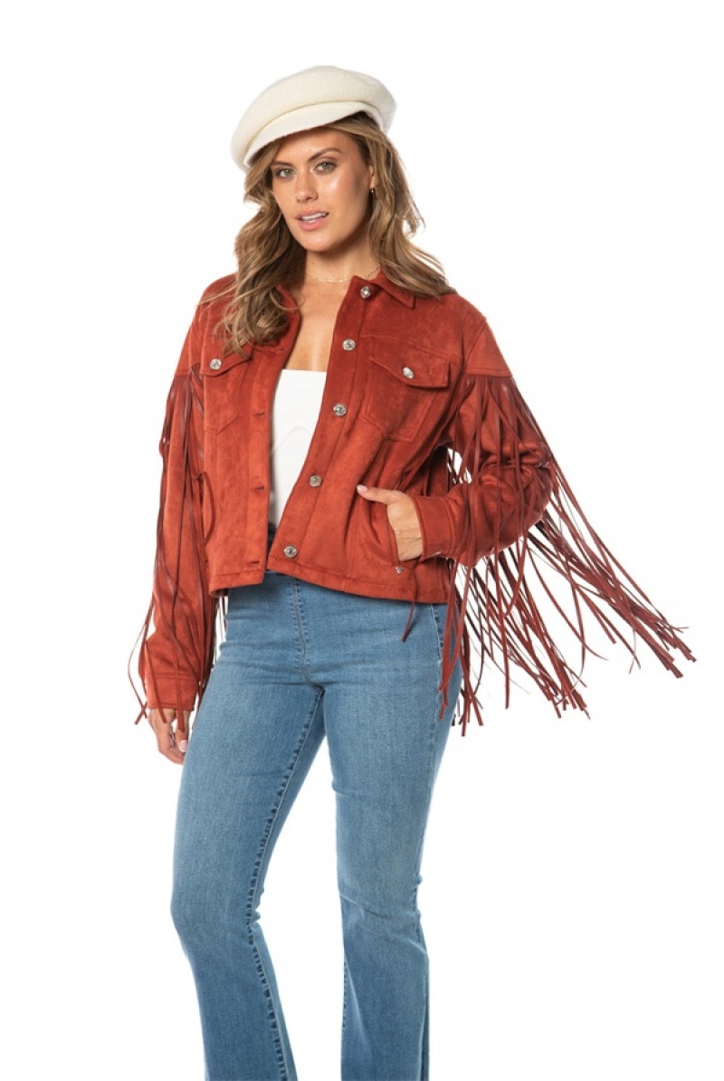 Rust Juicy Couture Faux Leather Fringe Trucker Jacket | JC-SN651676