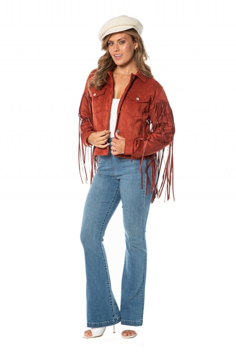 Rust Juicy Couture Faux Leather Fringe Trucker Jacket | JC-SN651676