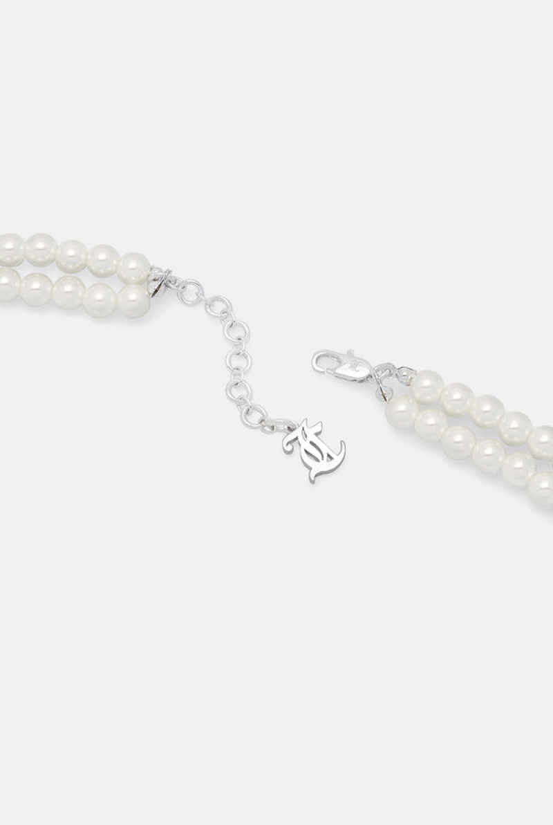 Silver Juicy Couture Double Row Pearl Pavè Crystal Juicy Choker | JC-SN652364