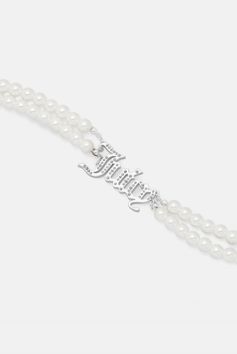 Silver Juicy Couture Double Row Pearl Pavè Crystal Juicy Choker | JC-SN652364