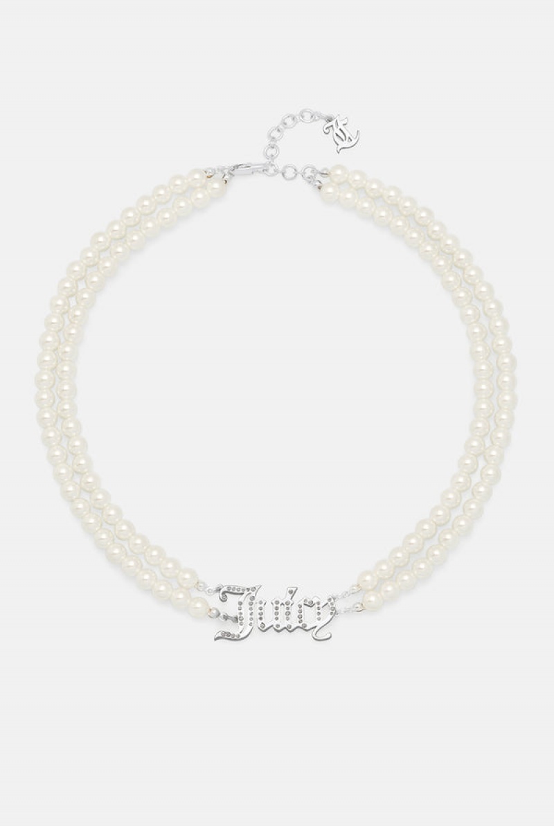 Silver Juicy Couture Double Row Pearl Pavè Crystal Juicy Choker | JC-SN652364