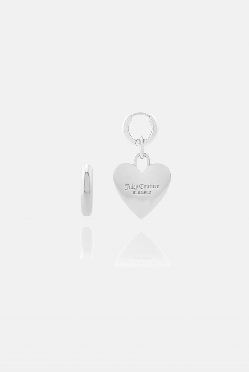 Silver Juicy Couture Hoop Earrings With Single Heart Drop | JC-SN652375