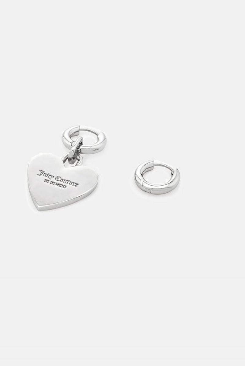 Silver Juicy Couture Hoop Earrings With Single Heart Drop | JC-SN652375