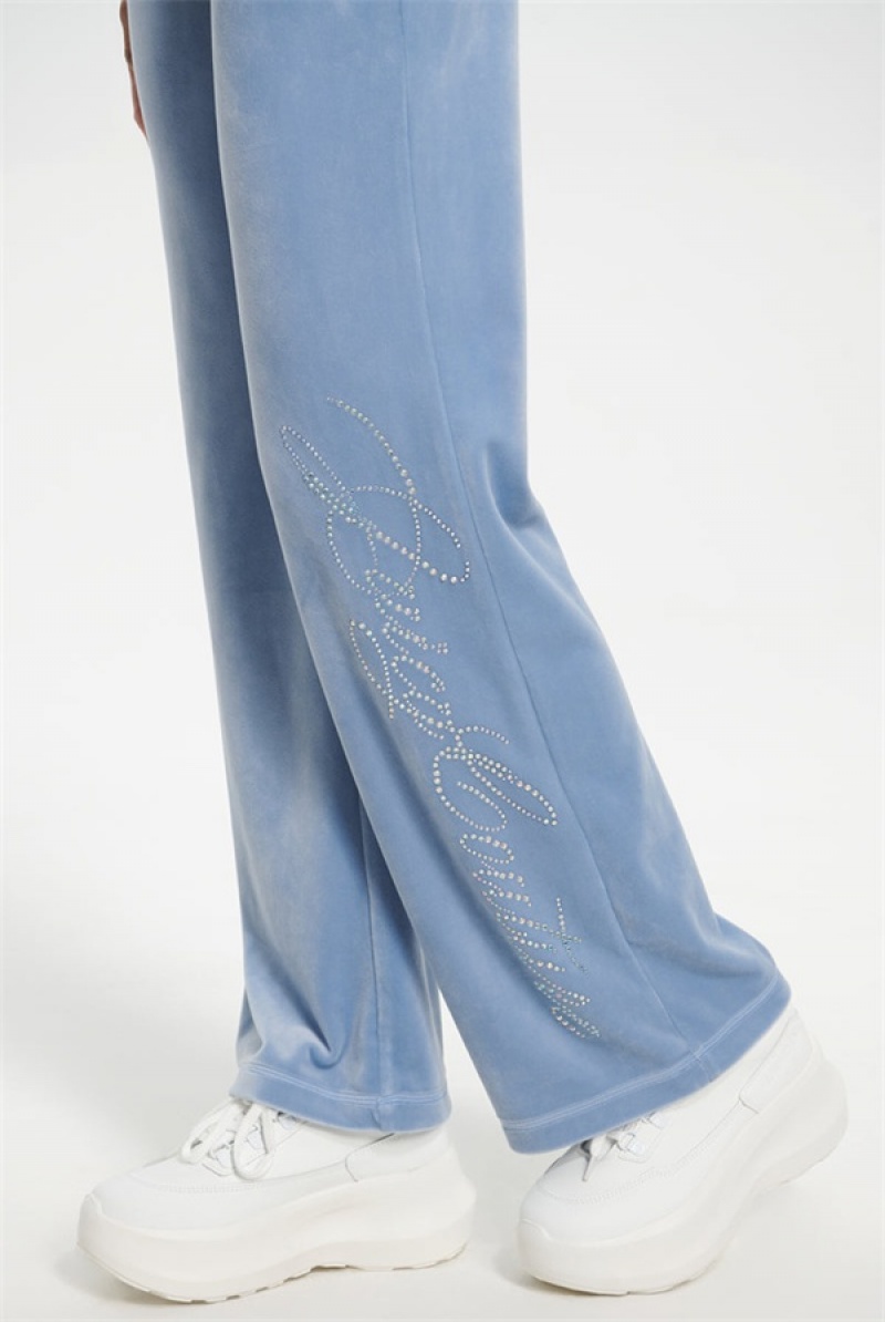 Sterling Blue Juicy Couture Script Bling Velour Track Pants | JC-SN651606