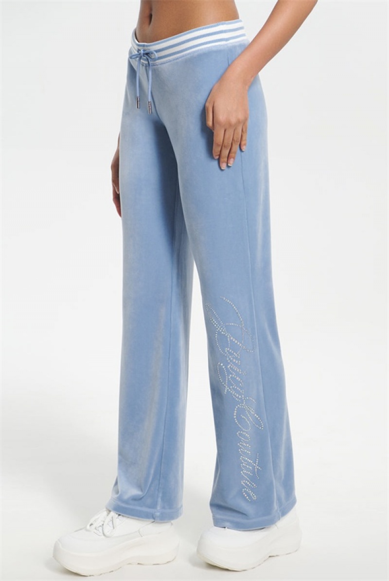 Sterling Blue Juicy Couture Script Bling Velour Track Pants | JC-SN651606