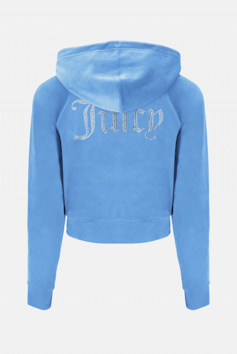 Washed Blue Juicy Couture Diamante Velour Zip-through Hoodie | JC-SN652154