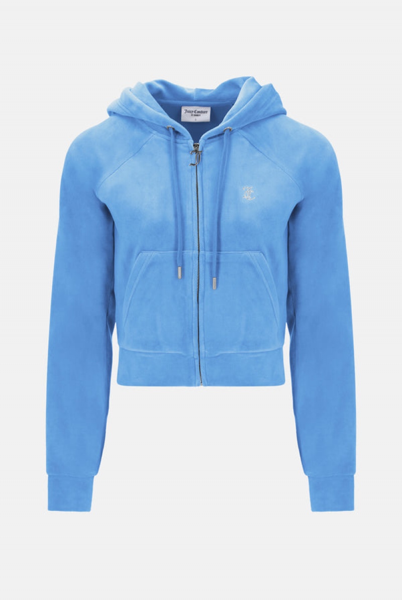 Washed Blue Juicy Couture Diamante Velour Zip-through Hoodie | JC-SN652154