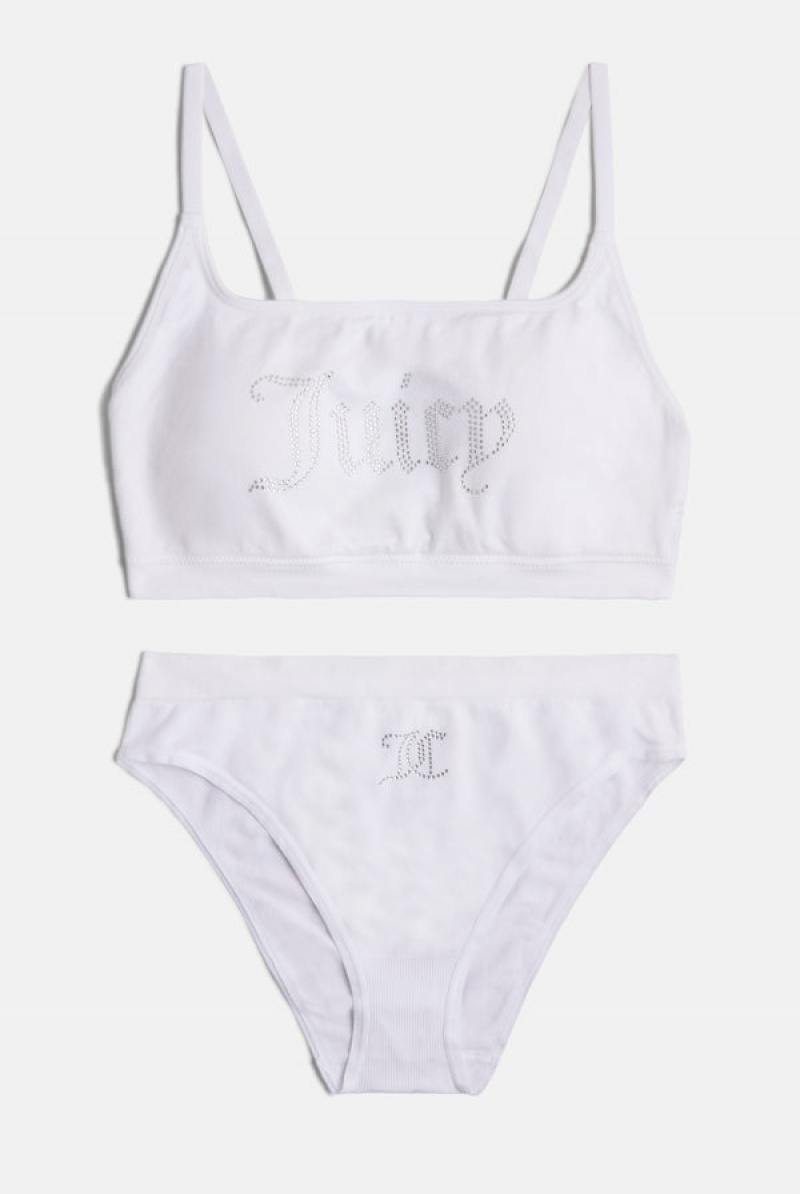 White Juicy Couture Diamante High Leg Brief And Bralette Set | JC-SN652253