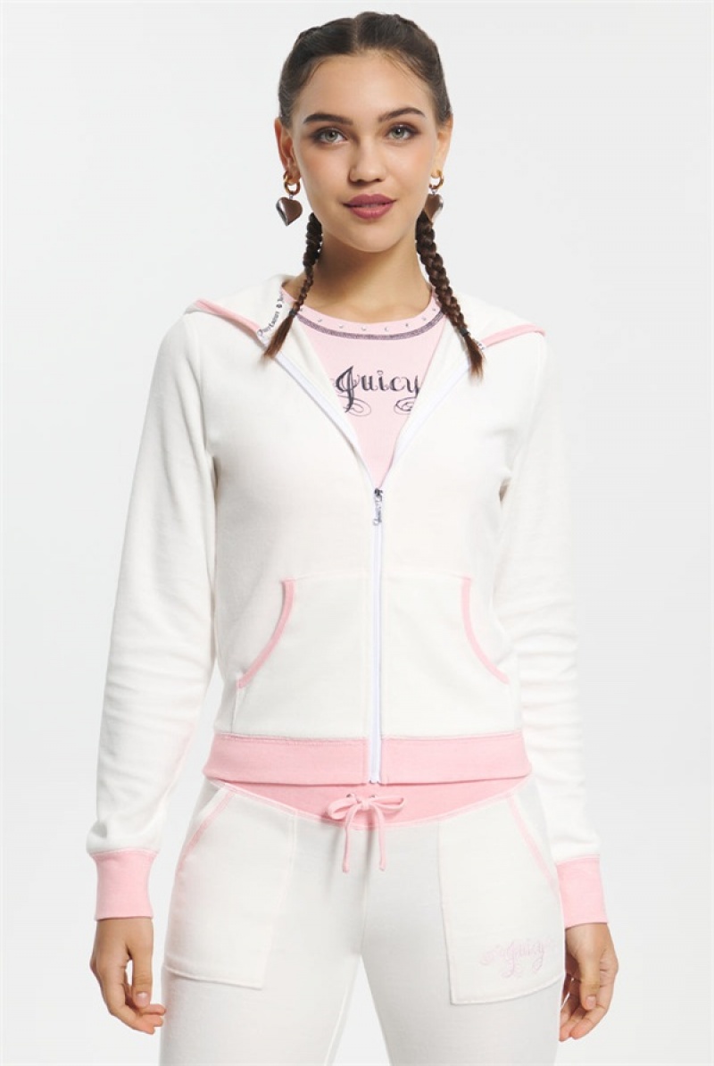 White Juicy Couture Sweetheart Cotton Velour Hoodie | JC-SN651580